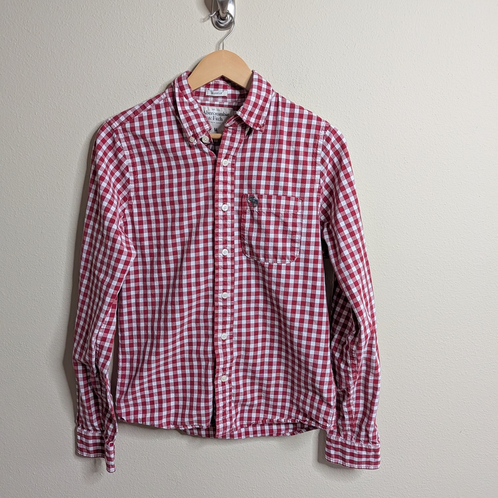 Abercrombie & Fitch Muscle Fit Button Down Shirt Mens Medium Red Gingham Check